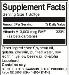 Swanson Premium Beta Carotene Vitamin A Inhaltsstoffe Facts