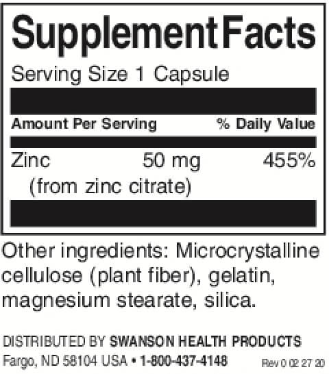 Swanson Zinc Citrate 50 mg Inhaltsstoffe Facts